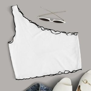 One Shoulder Lettuce Trim Crop Top